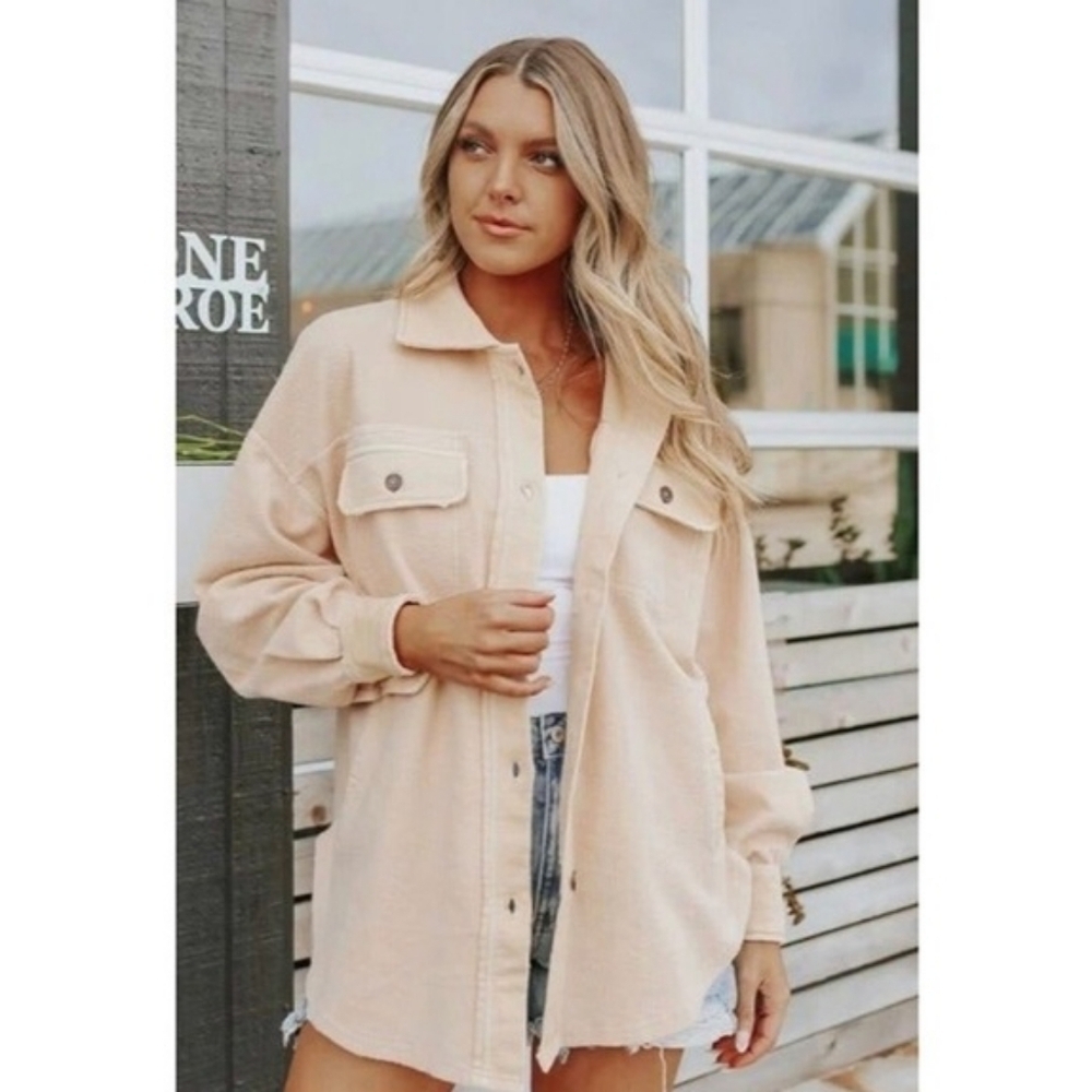 Free People Ruby Shacket Jacket in Sweetheart Sunrise Peachy Tan